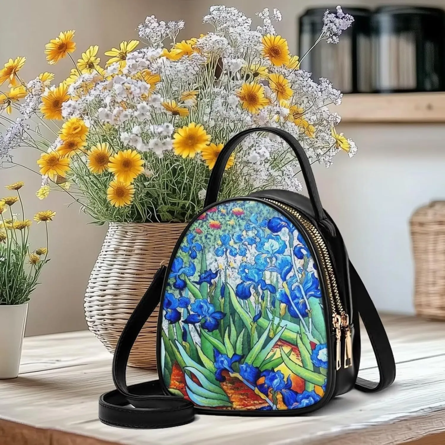 Small Crossbody Purse Bag for Women Travel, Van Gogh Monet Sling Handbag PU Leather Phone Holder for Art Lover