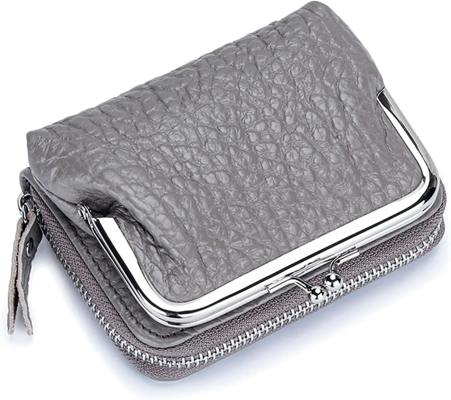Small Genuine Leather Wallet for Women Separable Kiss-Lock Coin Purse Zip-Around RFID-Blocking Credit Card Holder