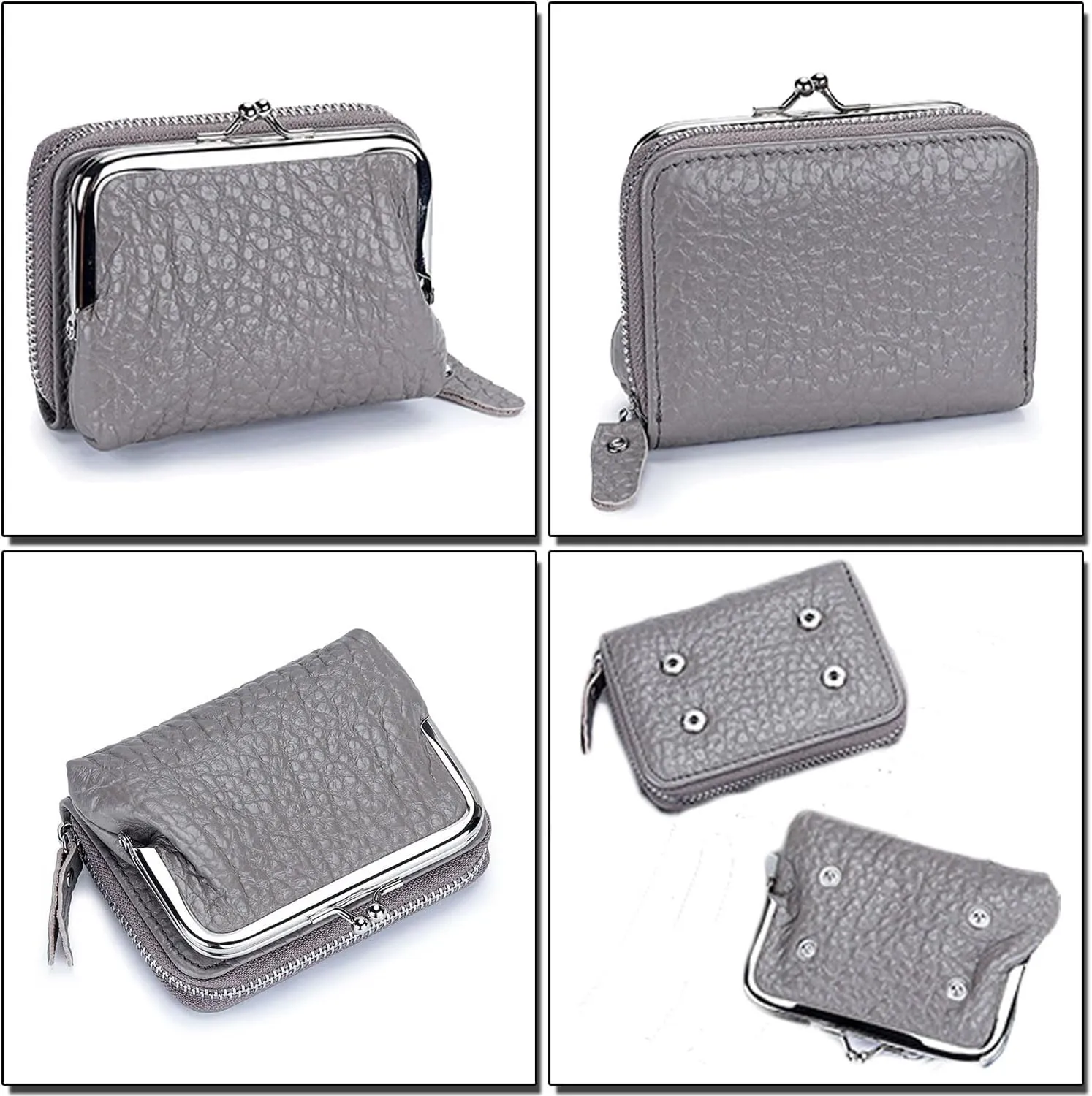 Small Genuine Leather Wallet for Women Separable Kiss-Lock Coin Purse Zip-Around RFID-Blocking Credit Card Holder
