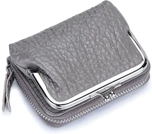 Small Genuine Leather Wallet for Women Separable Kiss-Lock Coin Purse Zip-Around RFID-Blocking Credit Card Holder