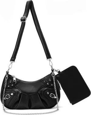 Small Trendy Crescent Moon Rivet Purse For Women Shoulder HandBag Crossbody Bag Faux Leather Adjustable Strap
