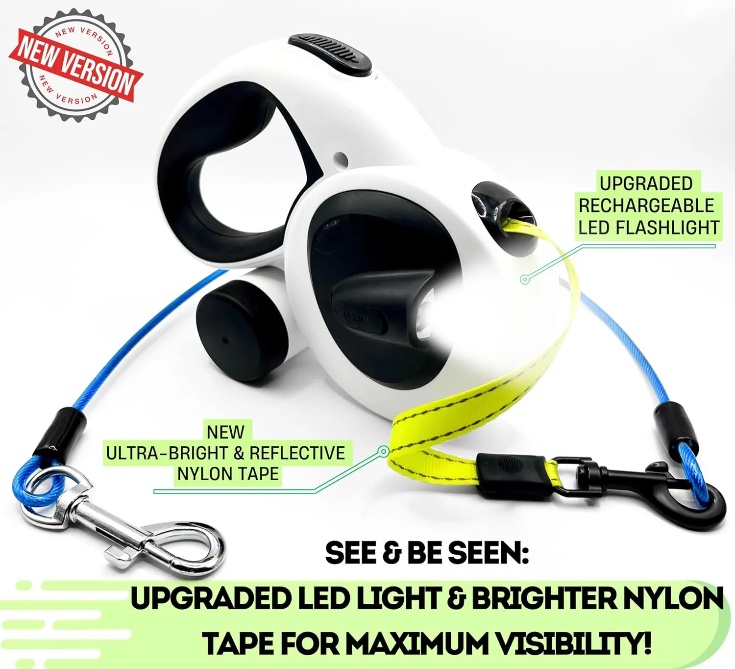 Snuggle Paws All-in-One 16ft Retractable Dog Leash – LED Light, Poop Bag Holder, Chew-Proof Cable, Reflective Tape, No-Tangle System – Compact Extendable Leash for Small Dogs up to 44 lbs