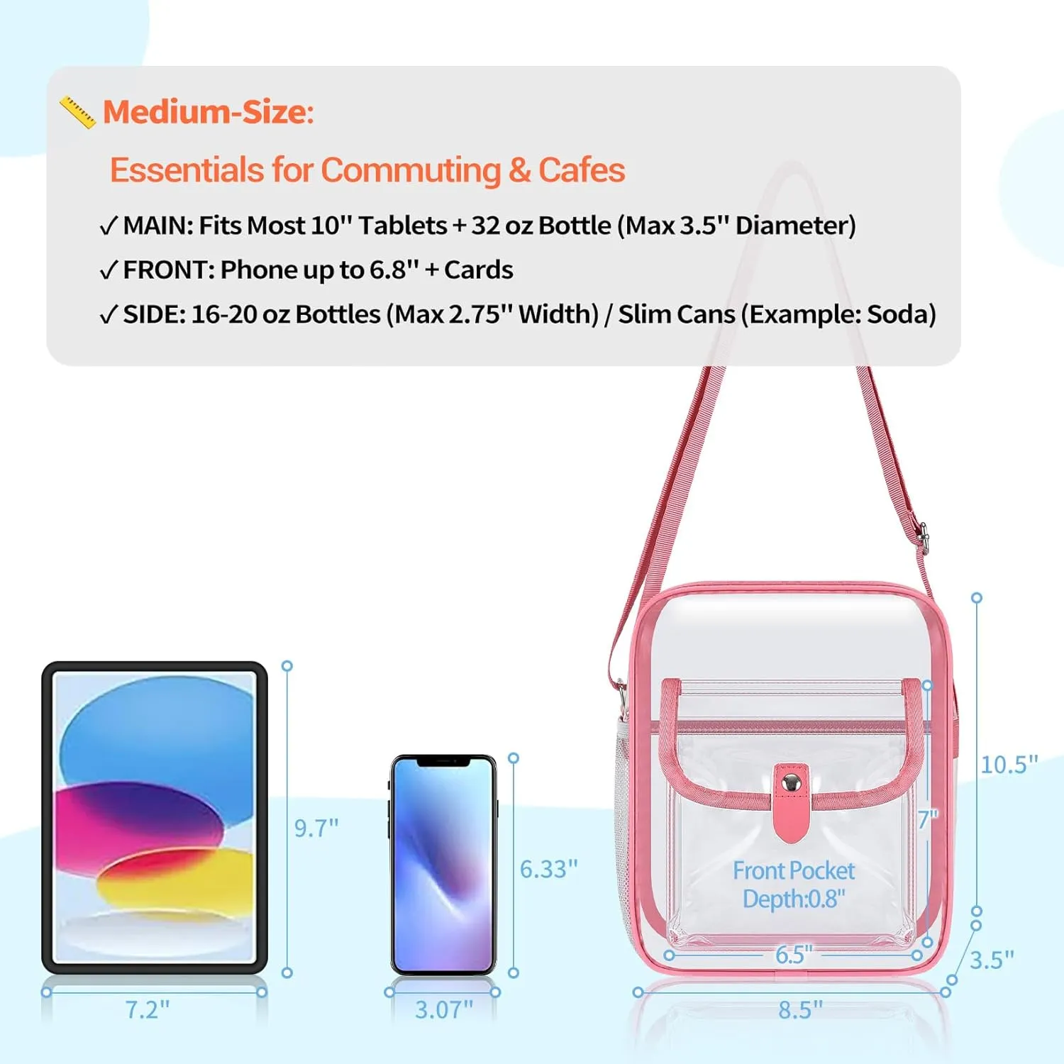 SPODEARS Clear Crossbody Bag for Stadium Events & Concerts - Adjustable Shoulder Strap Purse with 1 Bottle Holder