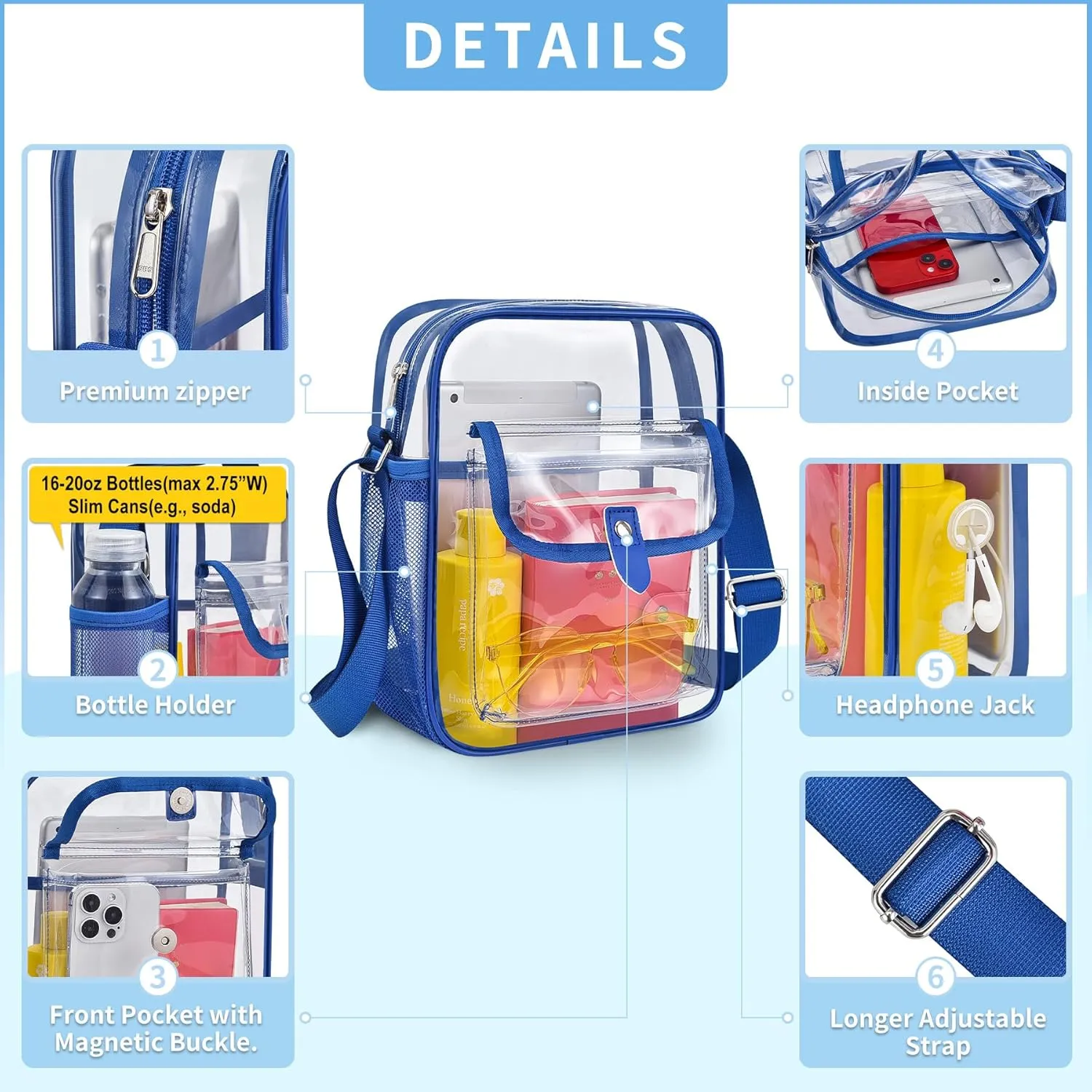 SPODEARS Clear Crossbody Bag for Stadium Events & Concerts - Adjustable Shoulder Strap Purse with 1 Bottle Holder