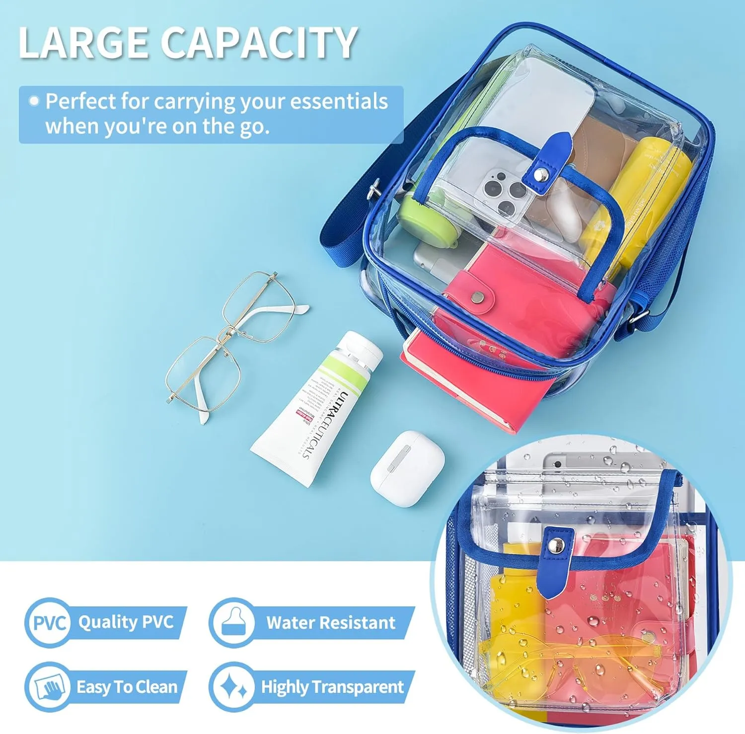 SPODEARS Clear Crossbody Bag for Stadium Events & Concerts - Adjustable Shoulder Strap Purse with 1 Bottle Holder