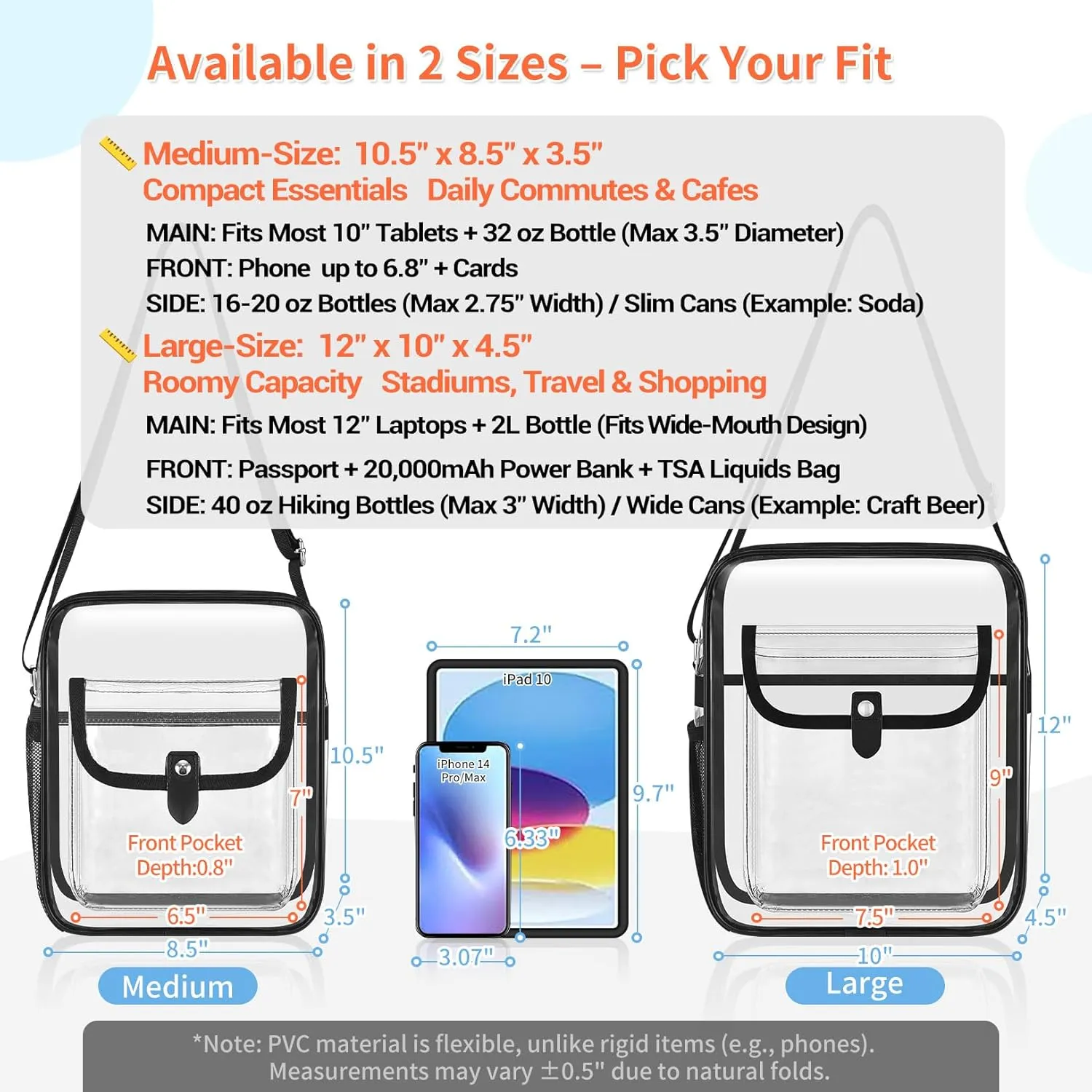 SPODEARS Clear Crossbody Bag for Stadium Events & Concerts - Adjustable Shoulder Strap Purse with 1 Bottle Holder