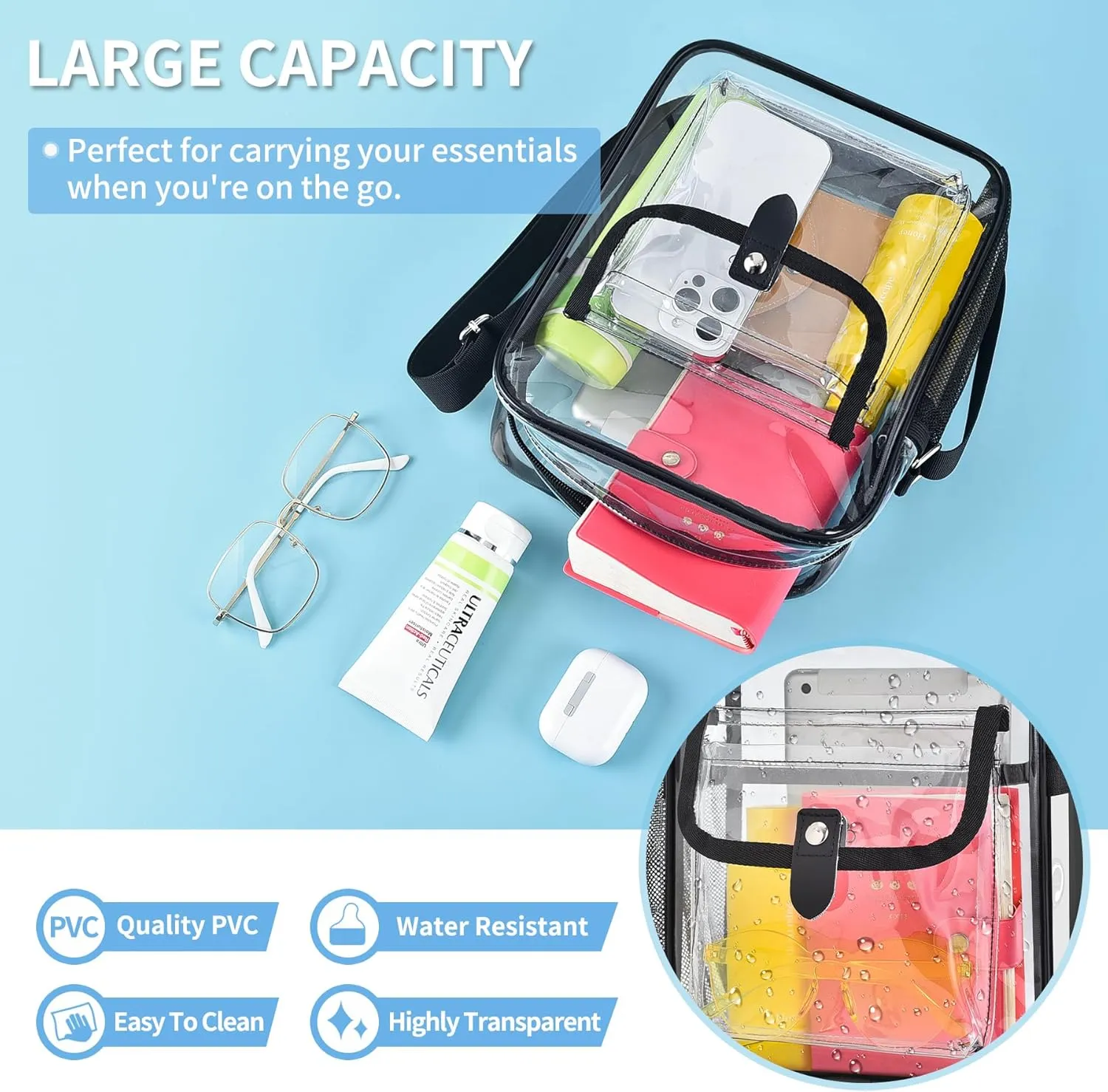 SPODEARS Clear Crossbody Bag for Stadium Events & Concerts - Adjustable Shoulder Strap Purse with 1 Bottle Holder