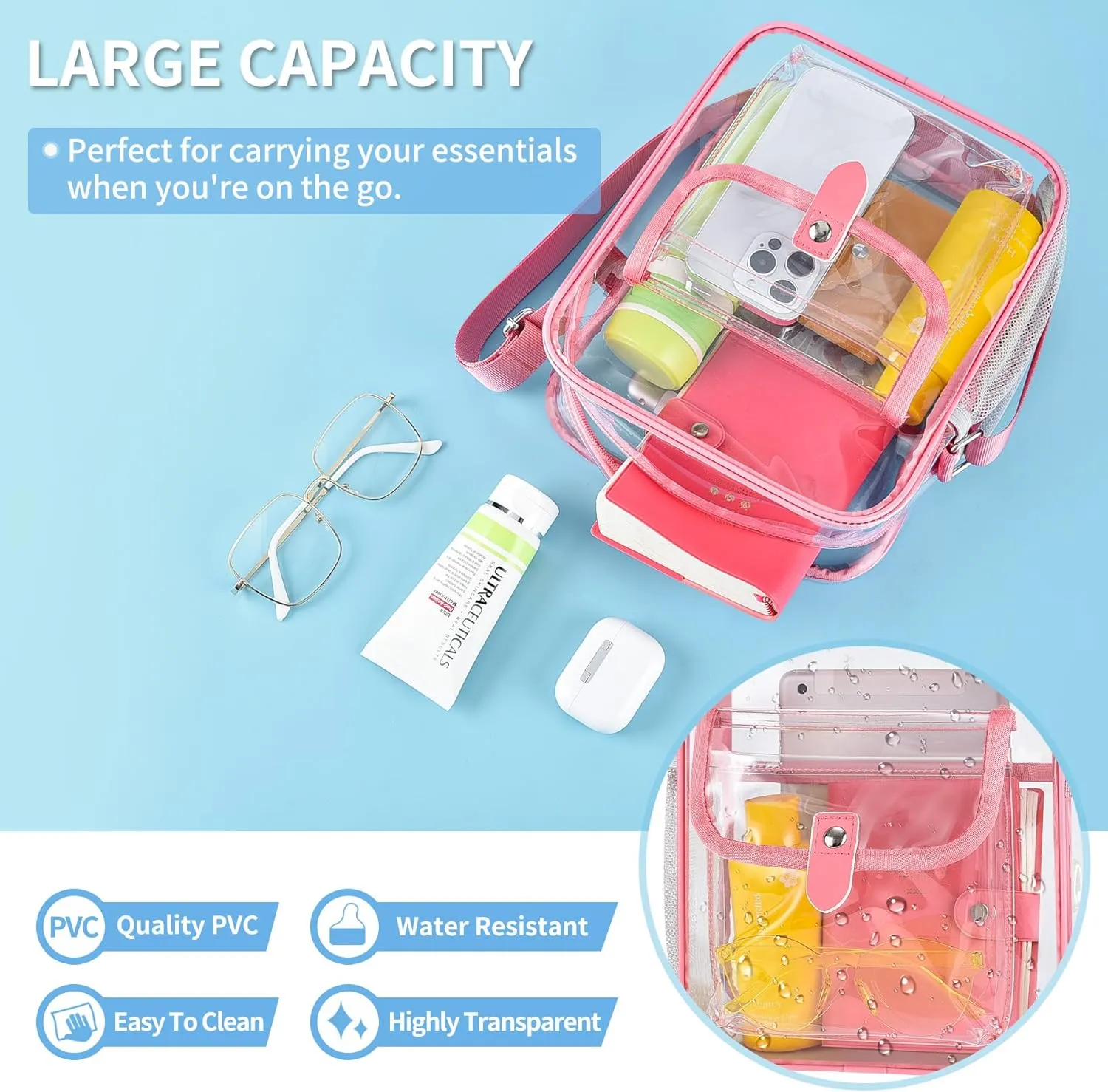 SPODEARS Clear Crossbody Bag for Stadium Events & Concerts - Adjustable Shoulder Strap Purse with 1 Bottle Holder