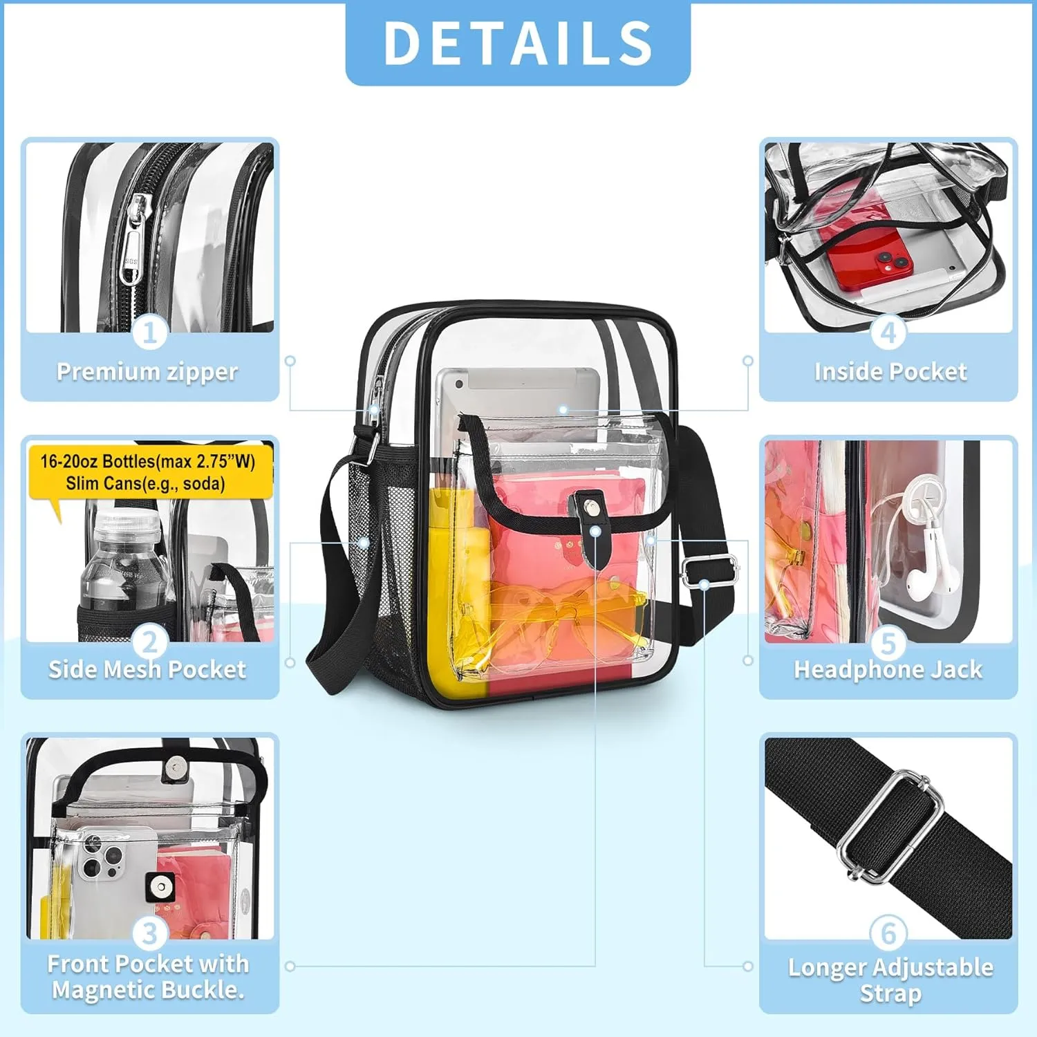 SPODEARS Clear Crossbody Bag for Stadium Events & Concerts - Adjustable Shoulder Strap Purse with 1 Bottle Holder