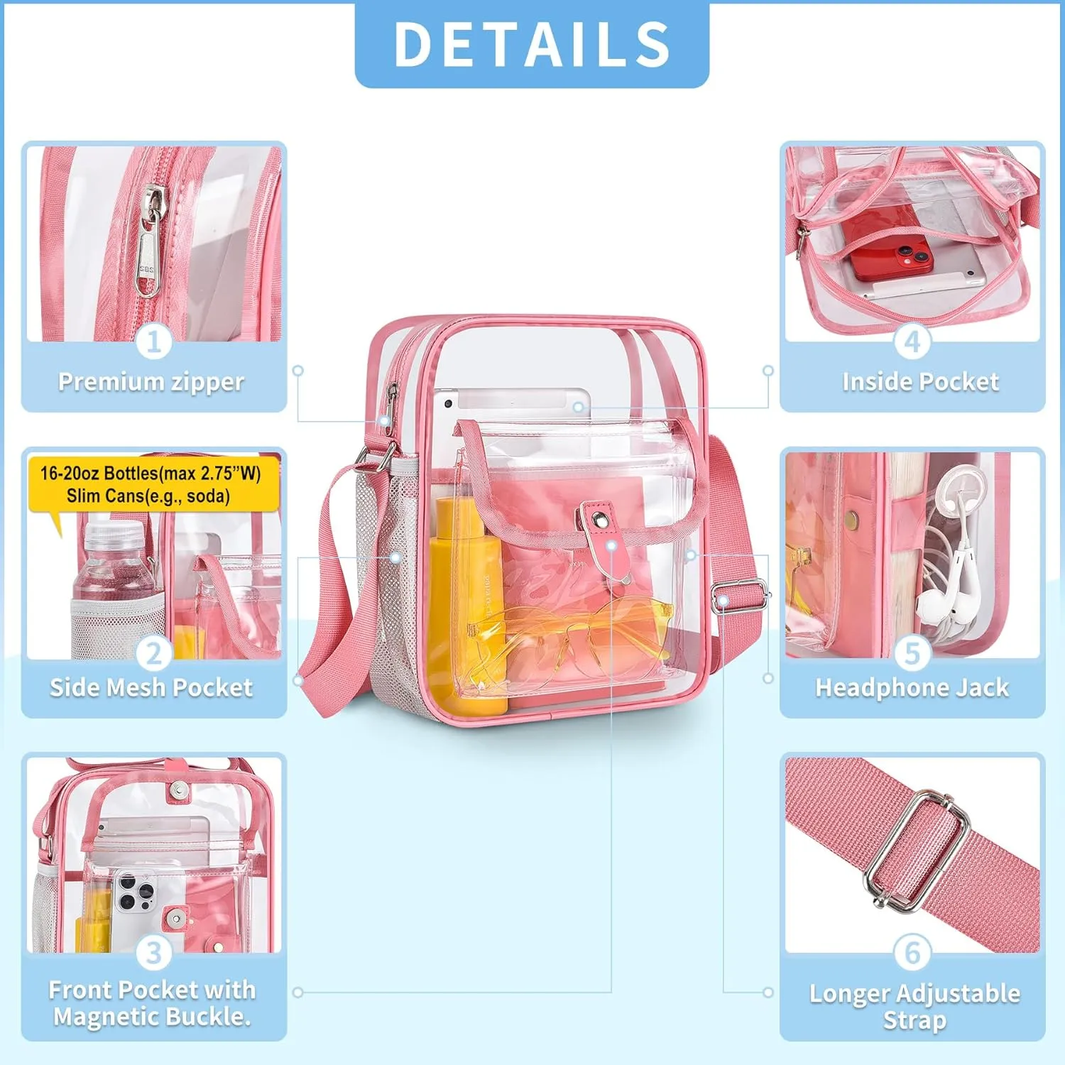 SPODEARS Clear Crossbody Bag for Stadium Events & Concerts - Adjustable Shoulder Strap Purse with 1 Bottle Holder