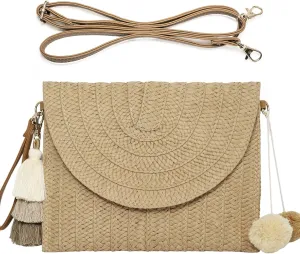 Straw Clutch Purse Women Handmade Straw Woven Tassel Pendant Crossbody Shoulder Bag Summer Beach Envelope Wallet Handbag