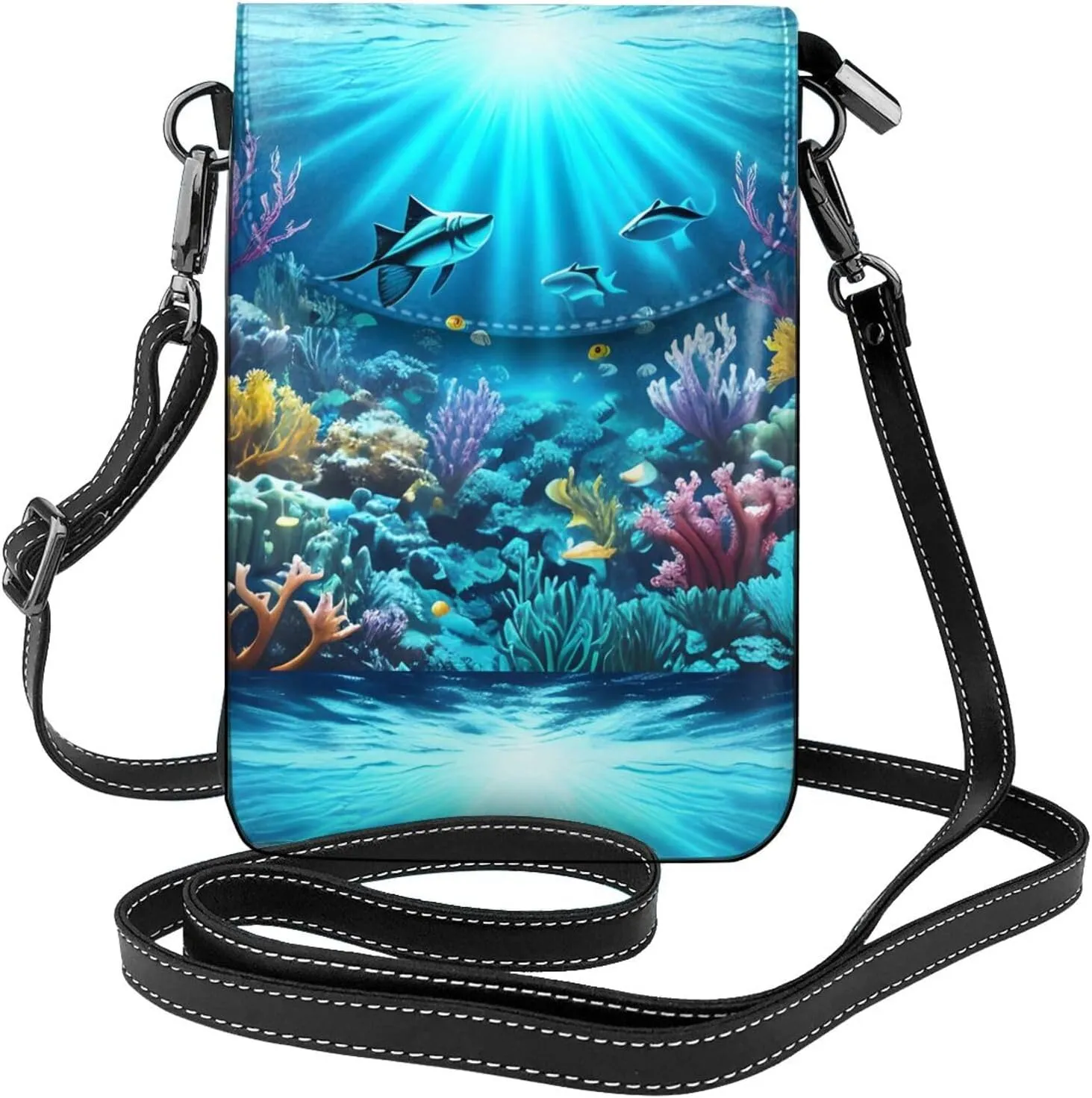 Submarine Coral Rays Leather Cross Body Flip Phone Bag With Detachable Shoulder Straps, Used For Travel, Dating, Holiday Gifts