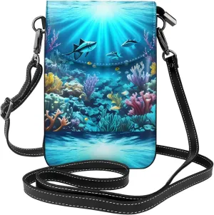 Submarine Coral Rays Leather Cross Body Flip Phone Bag With Detachable Shoulder Straps, Used For Travel, Dating, Holiday Gifts