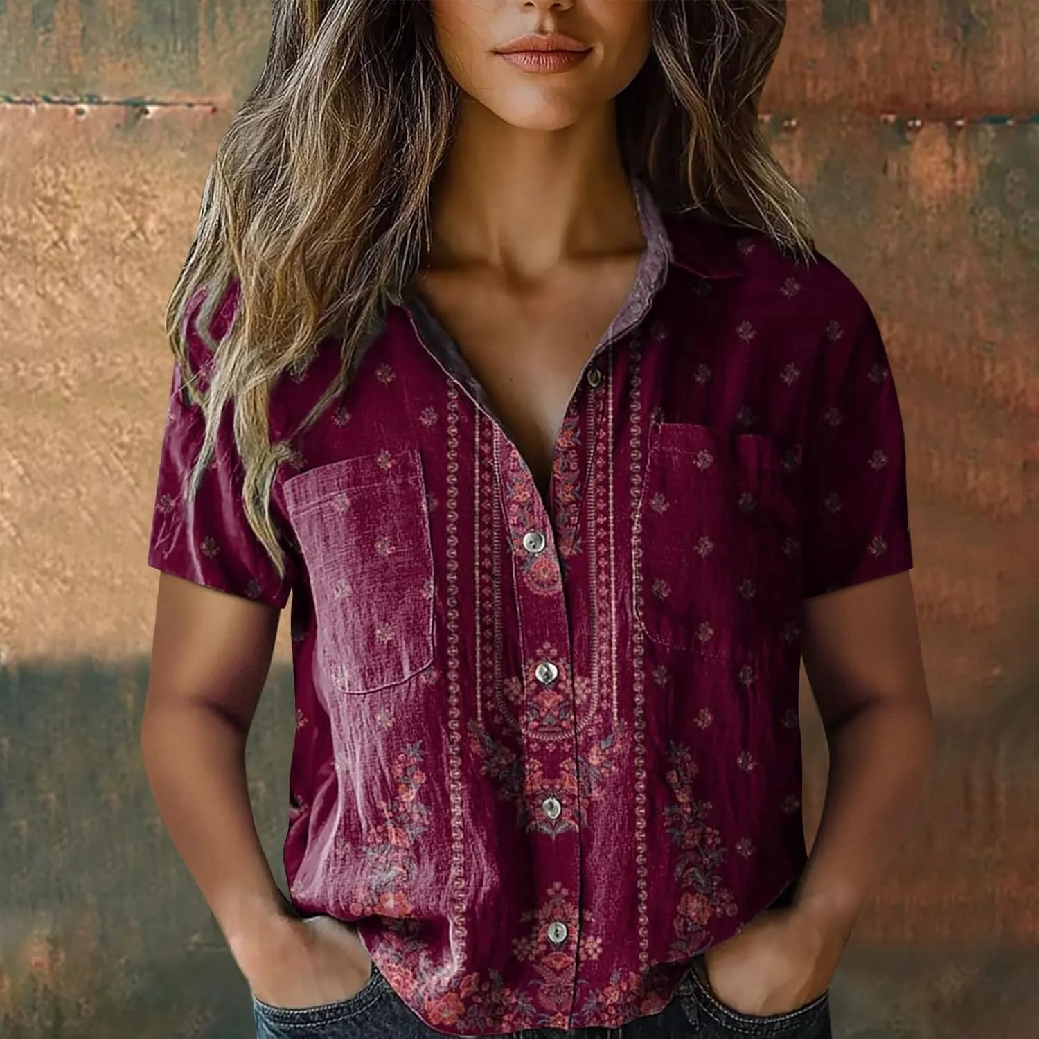 Summer Tops for Women 2025 Trendy Boho Floral Print Shirt Short Sleeve Button up Peasant Blouses Casual Loose Outfits