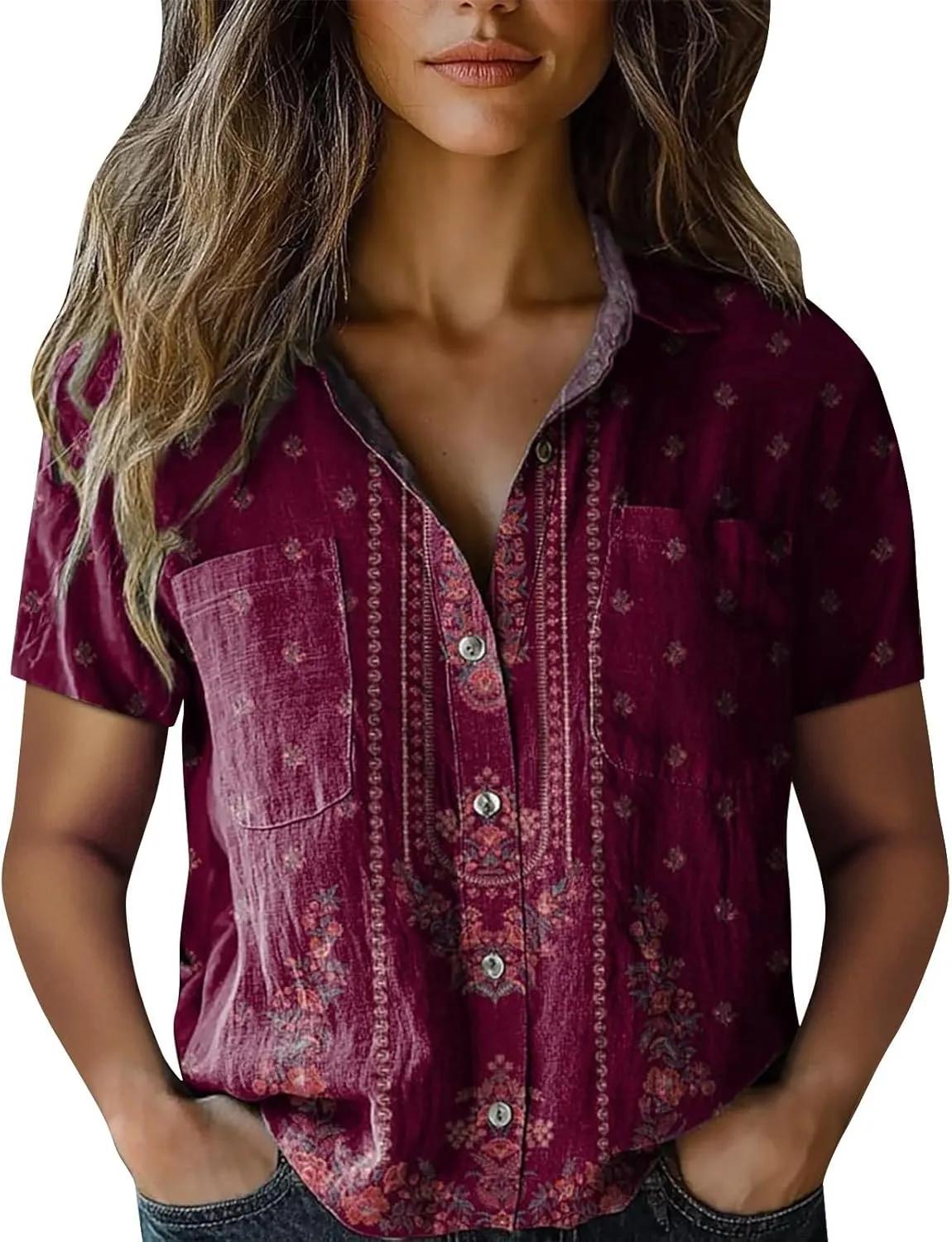 Summer Tops for Women 2025 Trendy Boho Floral Print Shirt Short Sleeve Button up Peasant Blouses Casual Loose Outfits