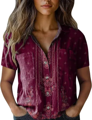 Summer Tops for Women 2025 Trendy Boho Floral Print Shirt Short Sleeve Button up Peasant Blouses Casual Loose Outfits