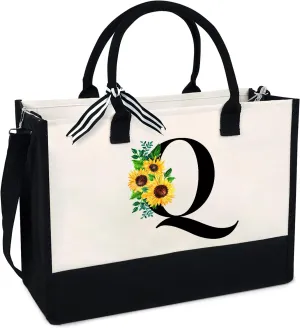 Sunflower Tote with Zipper Pocket, 13oz Monogram Tote Bags for Women, Birthday, Christmas, Teacher Gifts