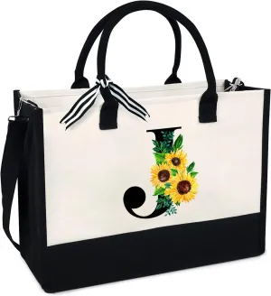 Sunflower Tote with Zipper Pocket, 13oz Monogram Tote Bags for Women, Birthday, Christmas, Teacher Gifts