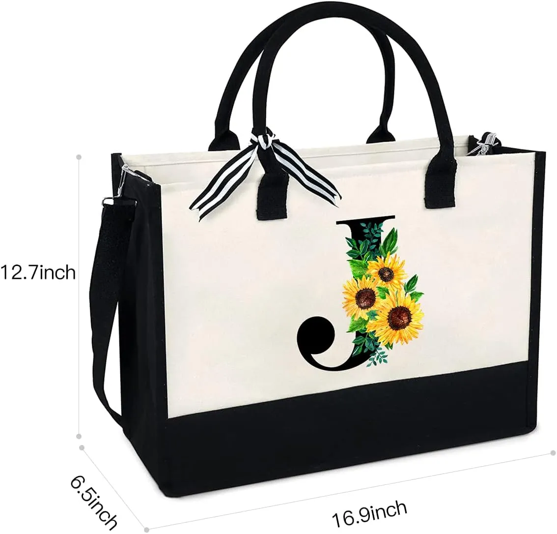 Sunflower Tote with Zipper Pocket, 13oz Monogram Tote Bags for Women, Birthday, Christmas, Teacher Gifts