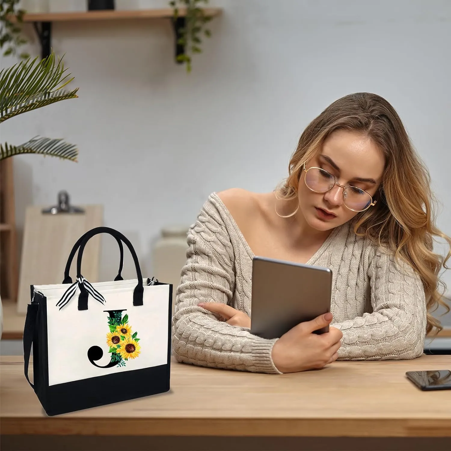 Sunflower Tote with Zipper Pocket, 13oz Monogram Tote Bags for Women, Birthday, Christmas, Teacher Gifts