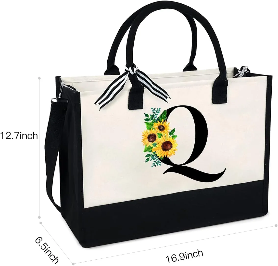 Sunflower Tote with Zipper Pocket, 13oz Monogram Tote Bags for Women, Birthday, Christmas, Teacher Gifts