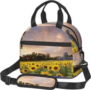 Sunflowers Pattern,Large Lunch Bag Insulated Lunch Box,Sunflowers Farmland,Soft Cooler Cooling Tote for Adult Men Women,Yellow Blue