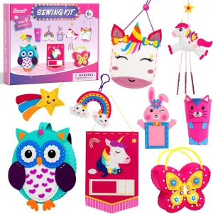 Sunrad Sewing Kit for Kids Beginner Arts and Crafts, Make 9 Easy DIY Projects, Unicorn & Animal Felt Craft Educational Toys Learn to Sew, Birthday Gifts for Girls Kids Age 6-8-10-12 