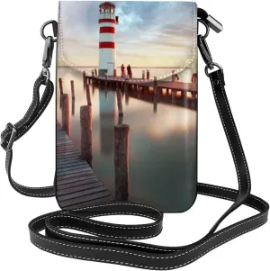 Sunset At Docks Lighthouse Women Leather Crossbody Bag Small Cell Phone Purse Card Holder Wallet