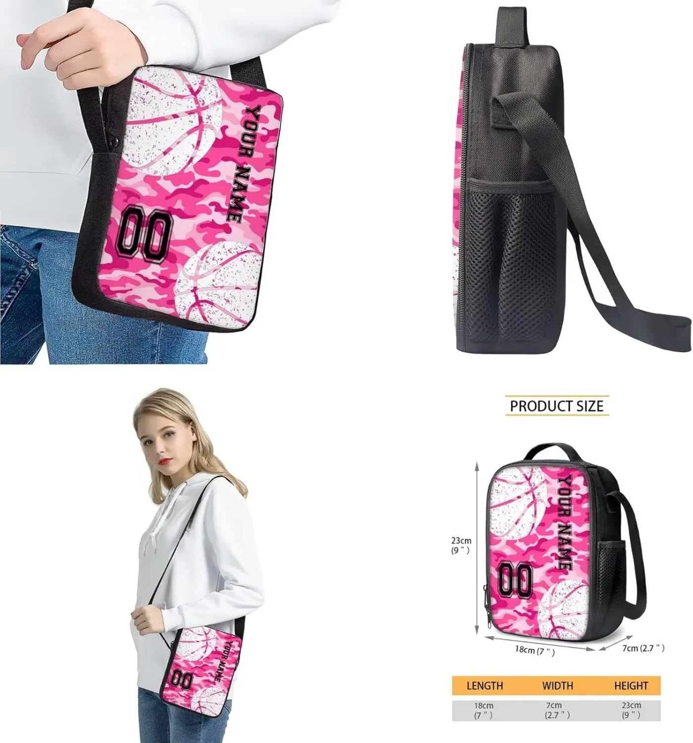 Suobstales Basketball Print Backpack with Lunch Box Pencil Case Messenger Bag Set for Kids Elementary Preschool School Bookbag Pink Camo Design 4-in-1 Student Back Packs Satchel Travel Daypack