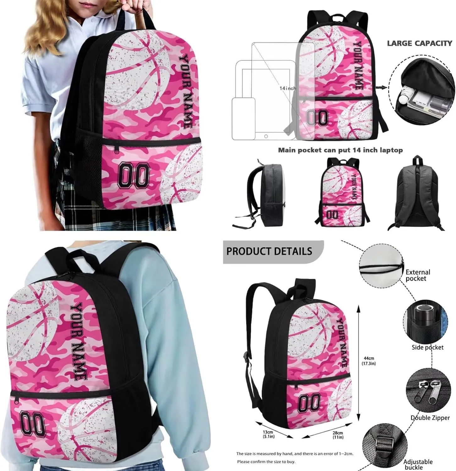Suobstales Basketball Print Backpack with Lunch Box Pencil Case Messenger Bag Set for Kids Elementary Preschool School Bookbag Pink Camo Design 4-in-1 Student Back Packs Satchel Travel Daypack