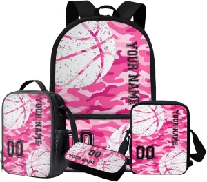 Suobstales Basketball Print Backpack with Lunch Box Pencil Case Messenger Bag Set for Kids Elementary Preschool School Bookbag Pink Camo Design 4-in-1 Student Back Packs Satchel Travel Daypack