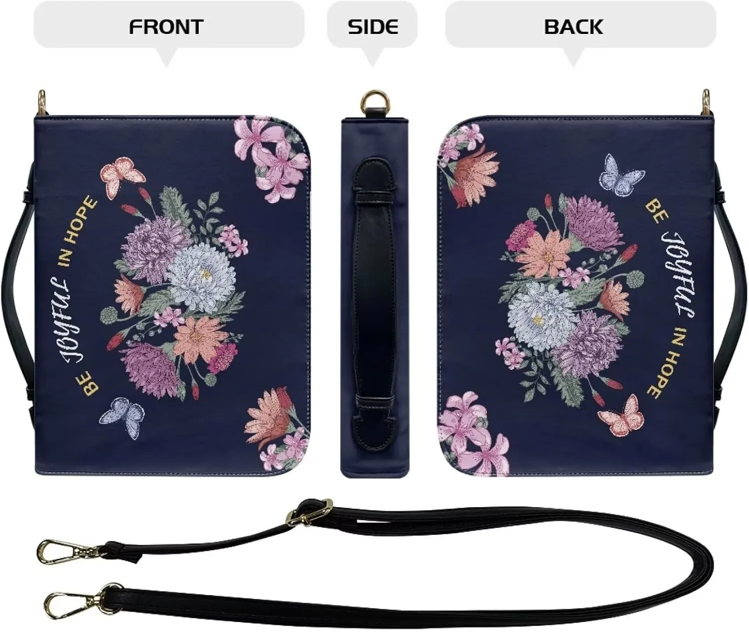 Suobstales Butterfly Flower Print Faux Leather Bible Cover for Men Women Be Joyful in Hope Waterproof Christian Bible Case with Handle & Adjustable Strap, Crossbody Bag Carrying Book Case Handbag, L