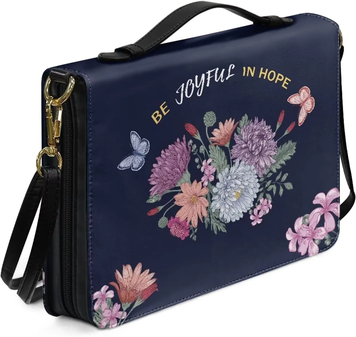 Suobstales Butterfly Flower Print Faux Leather Bible Cover for Men Women Be Joyful in Hope Waterproof Christian Bible Case with Handle & Adjustable Strap, Crossbody Bag Carrying Book Case Handbag, L