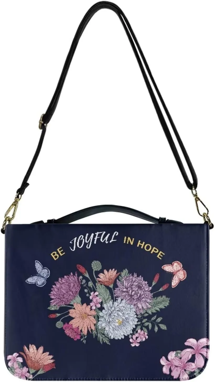 Suobstales Butterfly Flower Print Faux Leather Bible Cover for Men Women Be Joyful in Hope Waterproof Christian Bible Case with Handle & Adjustable Strap, Crossbody Bag Carrying Book Case Handbag, L