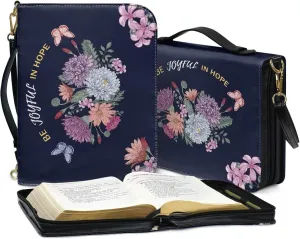 Suobstales Butterfly Flower Print Faux Leather Bible Cover for Men Women Be Joyful in Hope Waterproof Christian Bible Case with Handle & Adjustable Strap, Crossbody Bag Carrying Book Case Handbag, L