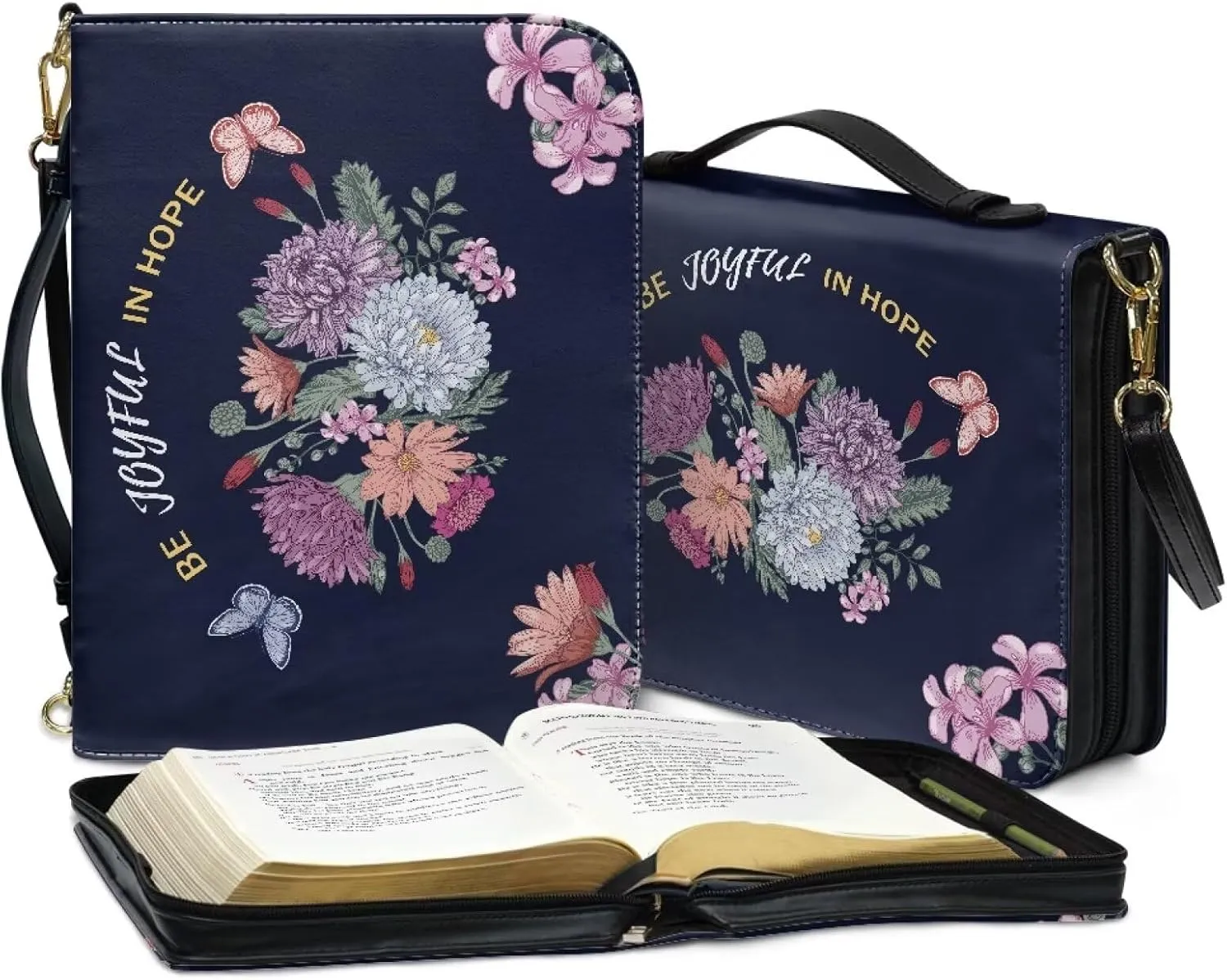 Suobstales Butterfly Flower Print Faux Leather Bible Cover for Men Women Be Joyful in Hope Waterproof Christian Bible Case with Handle & Adjustable Strap, Crossbody Bag Carrying Book Case Handbag, L