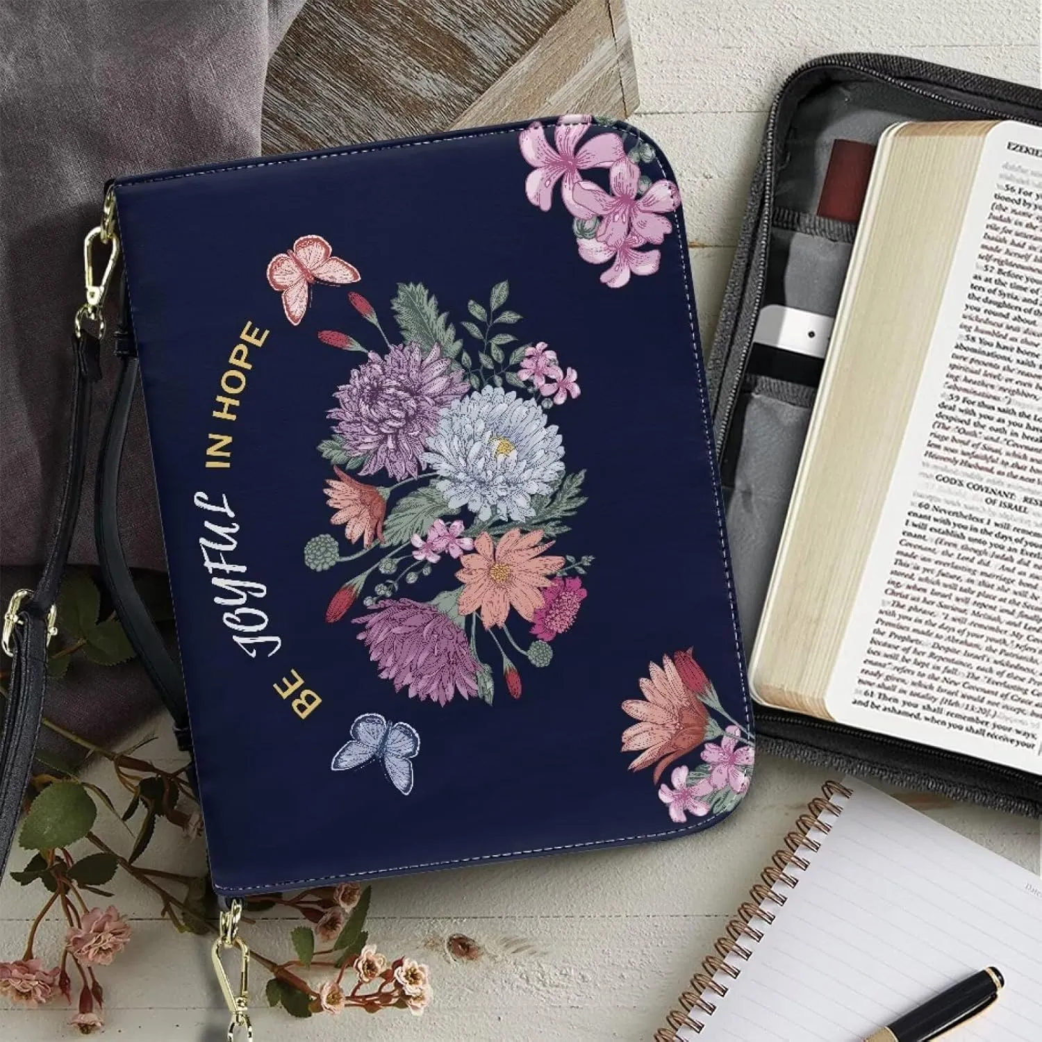 Suobstales Butterfly Flower Print Faux Leather Bible Cover for Men Women Be Joyful in Hope Waterproof Christian Bible Case with Handle & Adjustable Strap, Crossbody Bag Carrying Book Case Handbag, L