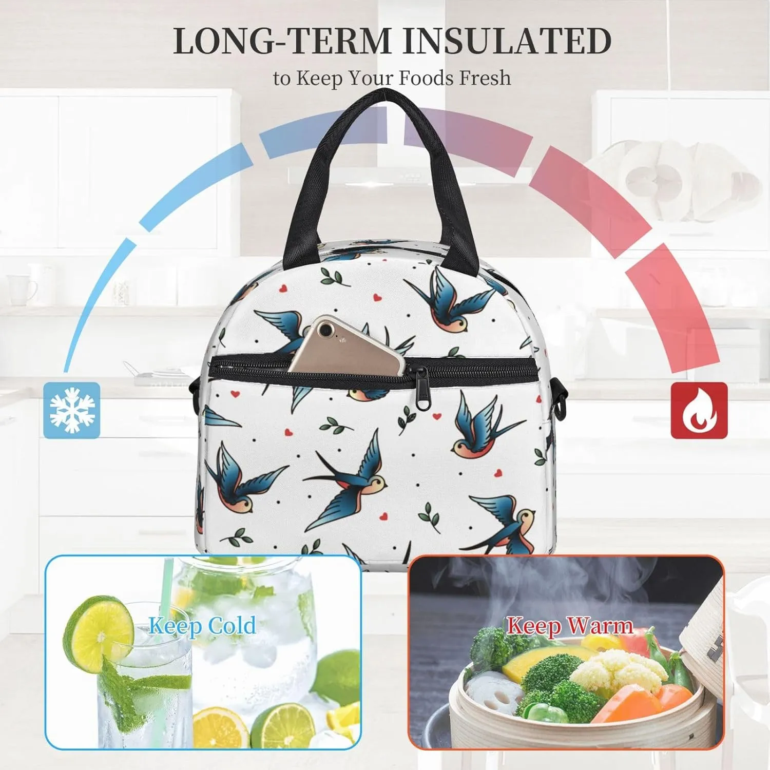 Swallows Lunch Bag Hand Tote Crossbody Insulated Lunch Bag Large Portable Lunch Box