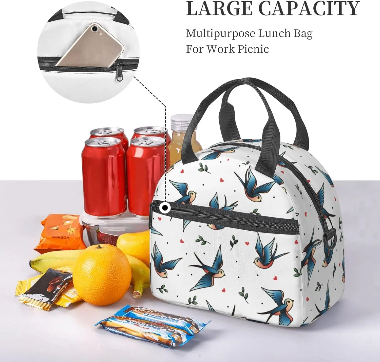 Swallows Lunch Bag Hand Tote Crossbody Insulated Lunch Bag Large Portable Lunch Box