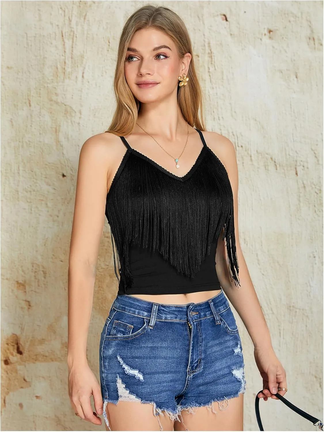 SweatyRocks Women's Fringe Sleeveless Boho Tassel Tank Top Slim Fit Cami Summer Tops