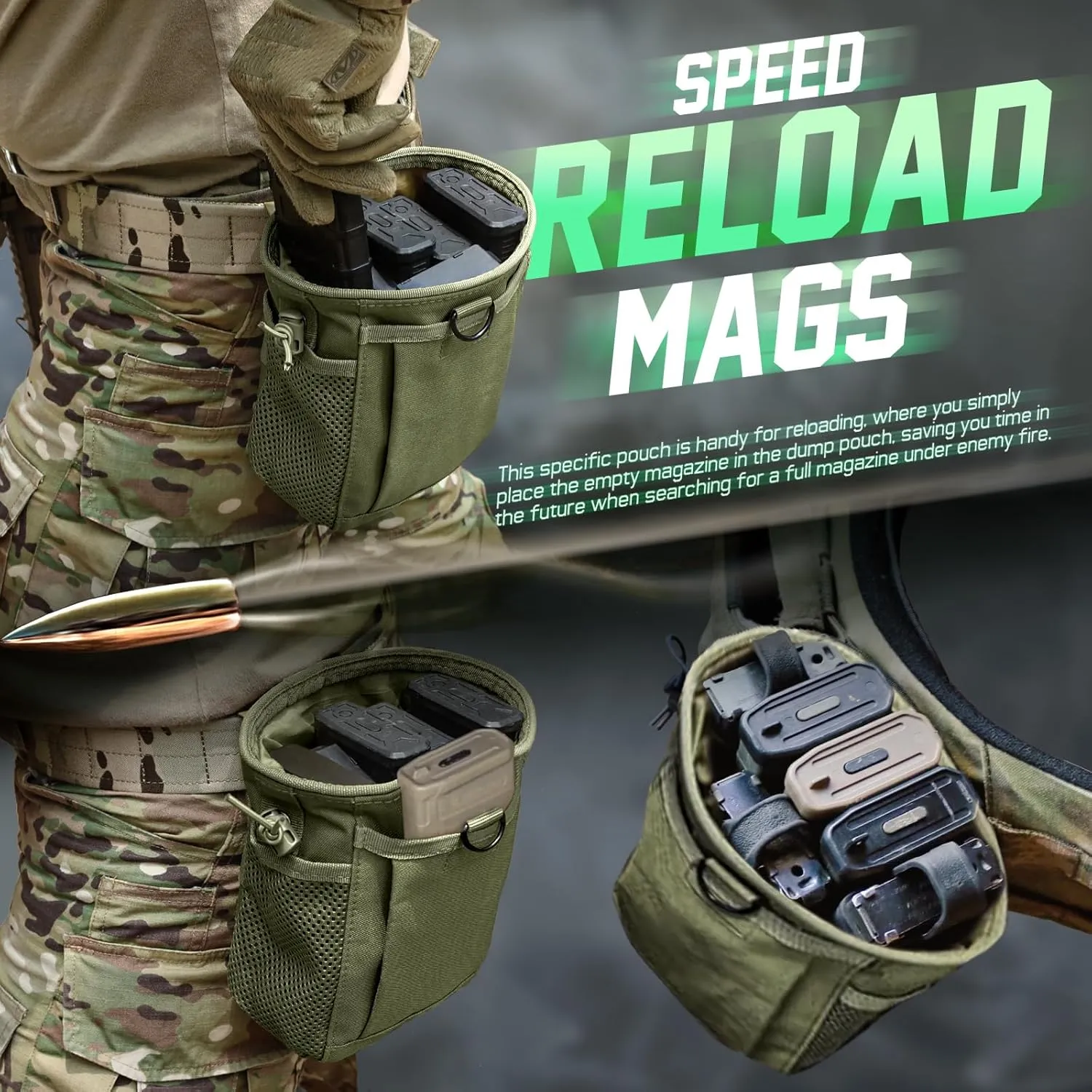 Tactical Molle Dump Pouch, Magazine Recovery Pouch Drastring Ammo Bag Belt Utility Fanny Adjustable Military Holster Bag Outdoor for Airsoft Paintball Hunting Gear with D-Ring Grimlock