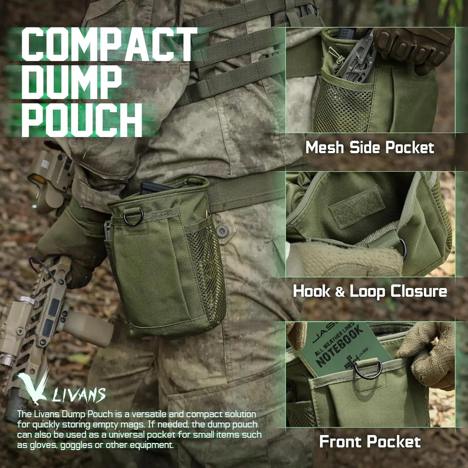 Tactical Molle Dump Pouch, Magazine Recovery Pouch Drastring Ammo Bag Belt Utility Fanny Adjustable Military Holster Bag Outdoor for Airsoft Paintball Hunting Gear with D-Ring Grimlock