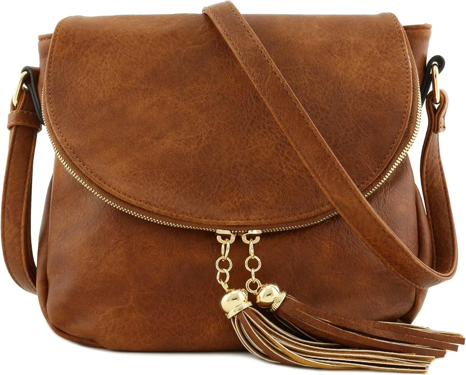 Tassel Accent Crossbody Bag with Flap Top (Tan)