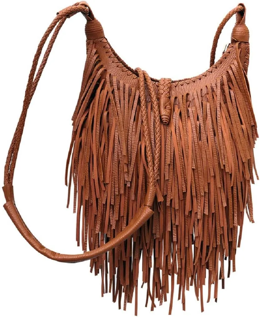 Tassle Shoulder Bags for Women PU Leather Handbag Bohemia Satchel Zipper Crossbody Bag Purse