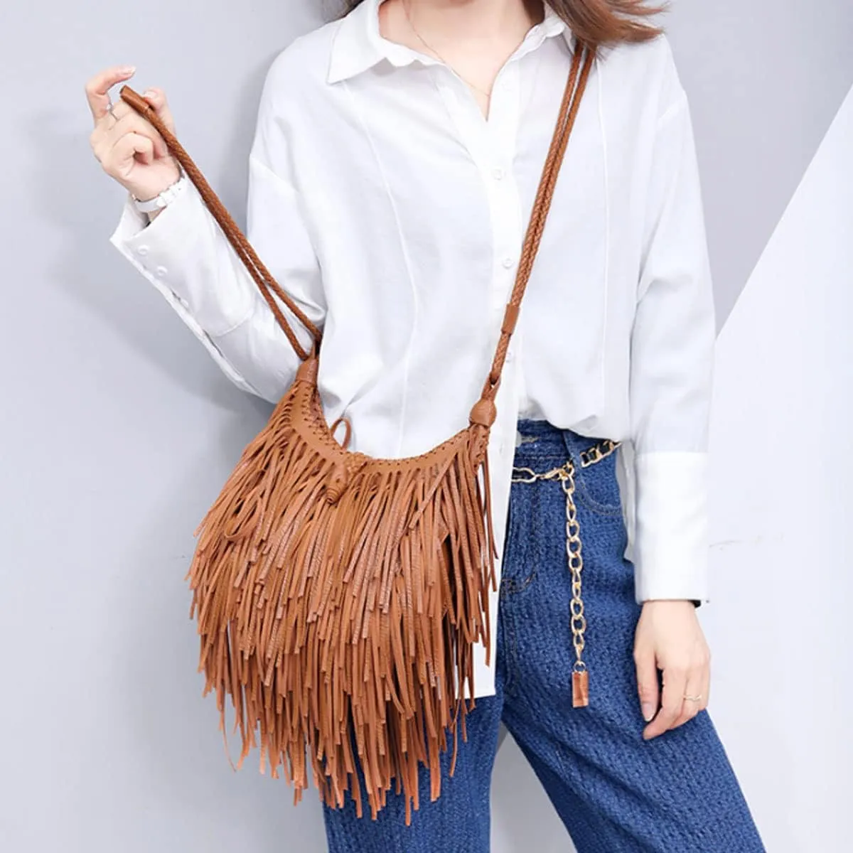 Tassle Shoulder Bags for Women PU Leather Handbag Bohemia Satchel Zipper Crossbody Bag Purse
