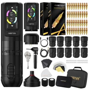 Tattoo Gun Kit Complete Tattoo Machine Kit - Ambition Zetton Wireless Rotary Pen with Dual 2400mAh Batteries, 40pcs Glory Cartridge Needles Disposable Grips Tattoo Set Supply for Professional Artists