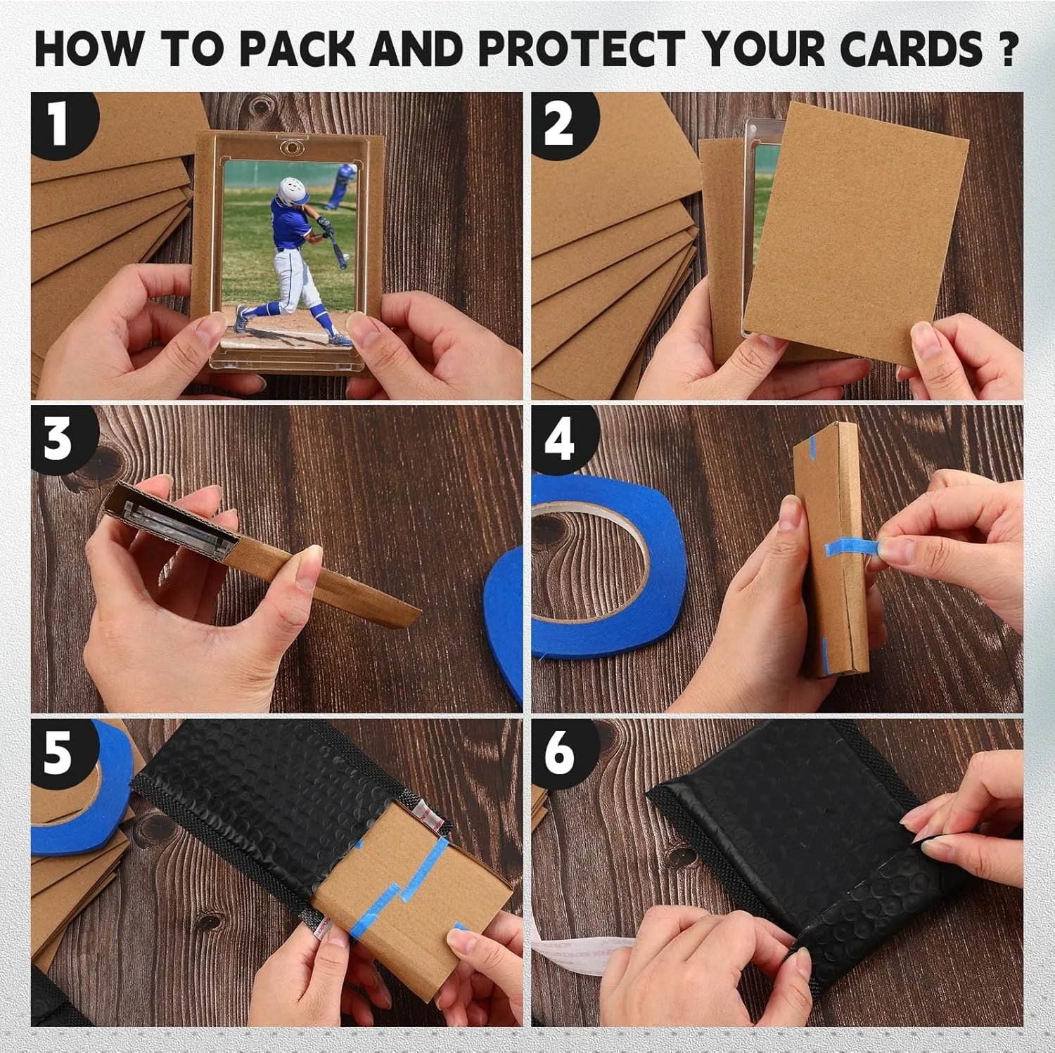 Tatuo 301 Pcs Trading Card Shipping Protector Set Include 200 Corrugated Cardboard Sheets Inserts 100 Poly Bubble Mailers Padded Envelopes and Masking Tape(Black)