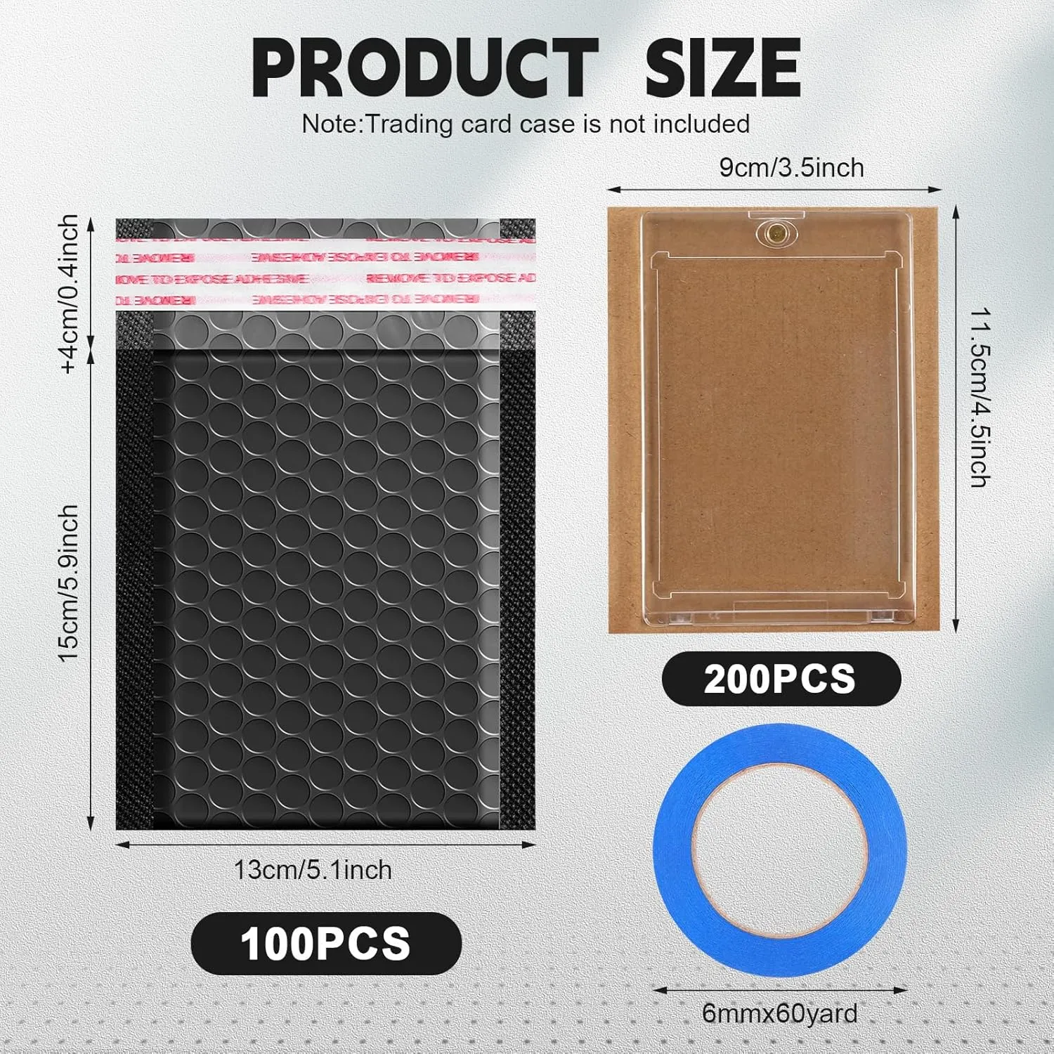 Tatuo 301 Pcs Trading Card Shipping Protector Set Include 200 Corrugated Cardboard Sheets Inserts 100 Poly Bubble Mailers Padded Envelopes and Masking Tape(Black)
