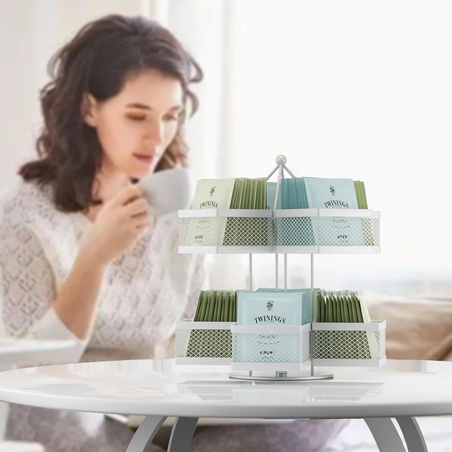 Tea Bag Organizer, Tea Bag Storage Holder Spinning Carousel 96 Teabags Container, Lazy Susan Coffee Creamer Sweetener Tea Caddy for Kitchen Counter Cabinet Pantry Shelf Organizer