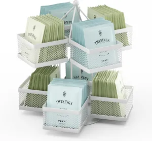 Tea Bag Organizer, Tea Bag Storage Holder Spinning Carousel 96 Teabags Container, Lazy Susan Coffee Creamer Sweetener Tea Caddy for Kitchen Counter Cabinet Pantry Shelf Organizer